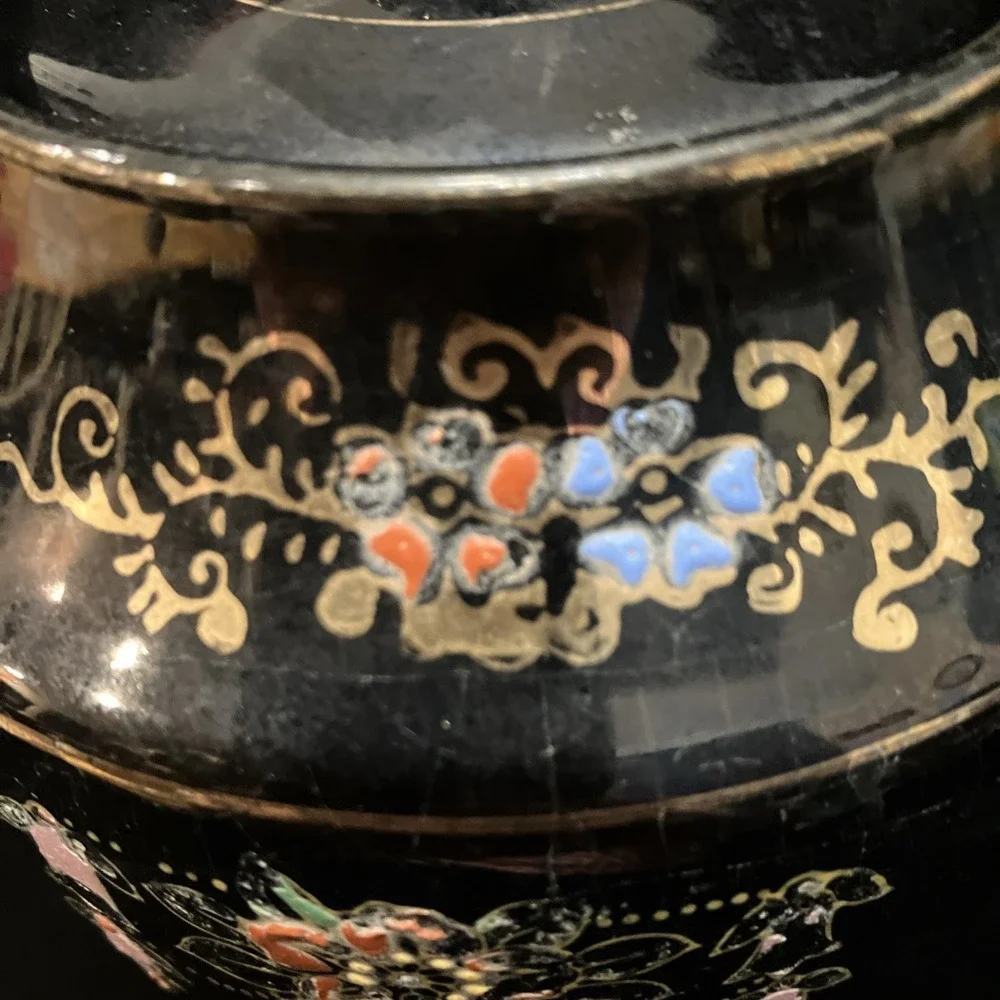 Hand Painted VTG Black Teapot Gold Trim Moriage Raised Dots Japan Glued Spout